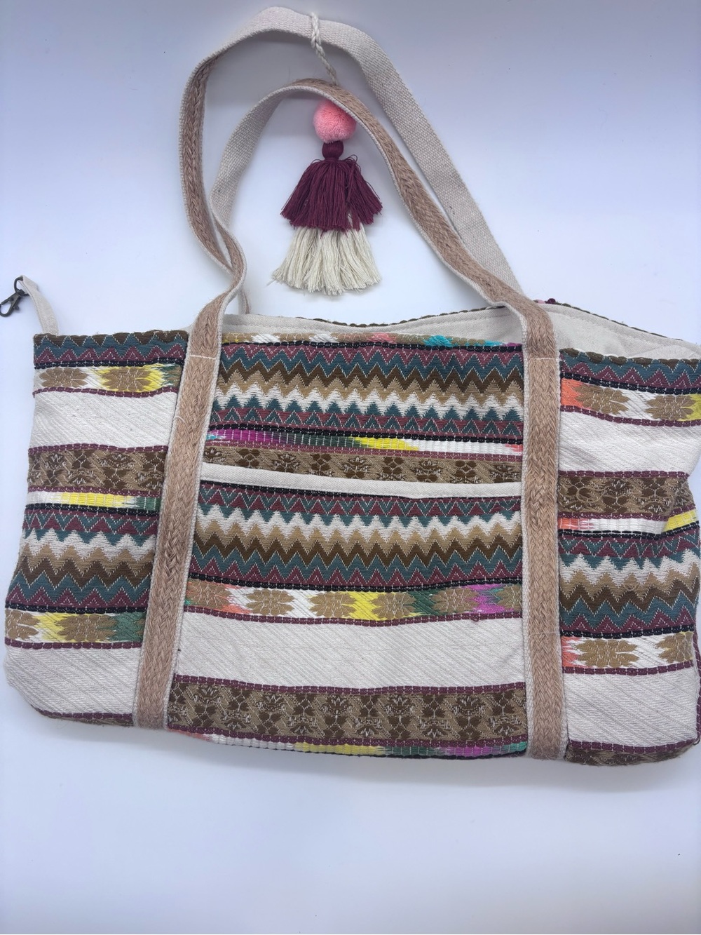 Bohemian Multicolor Stripe Tote Bag - Neutral Beige Trim